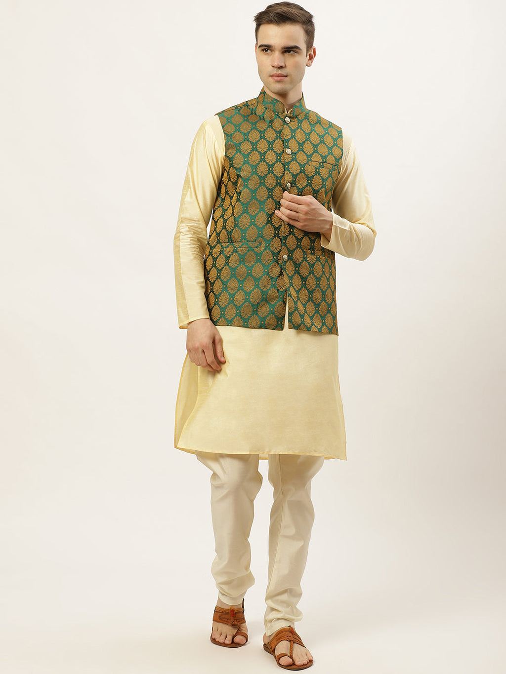 Jompers Men's Woven Design Nehru Jacket and Kurta Pyjama Set - Green