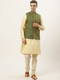Jompers Men's Woven Design Nehru Jacket and Kurta Pyjama Set - Green