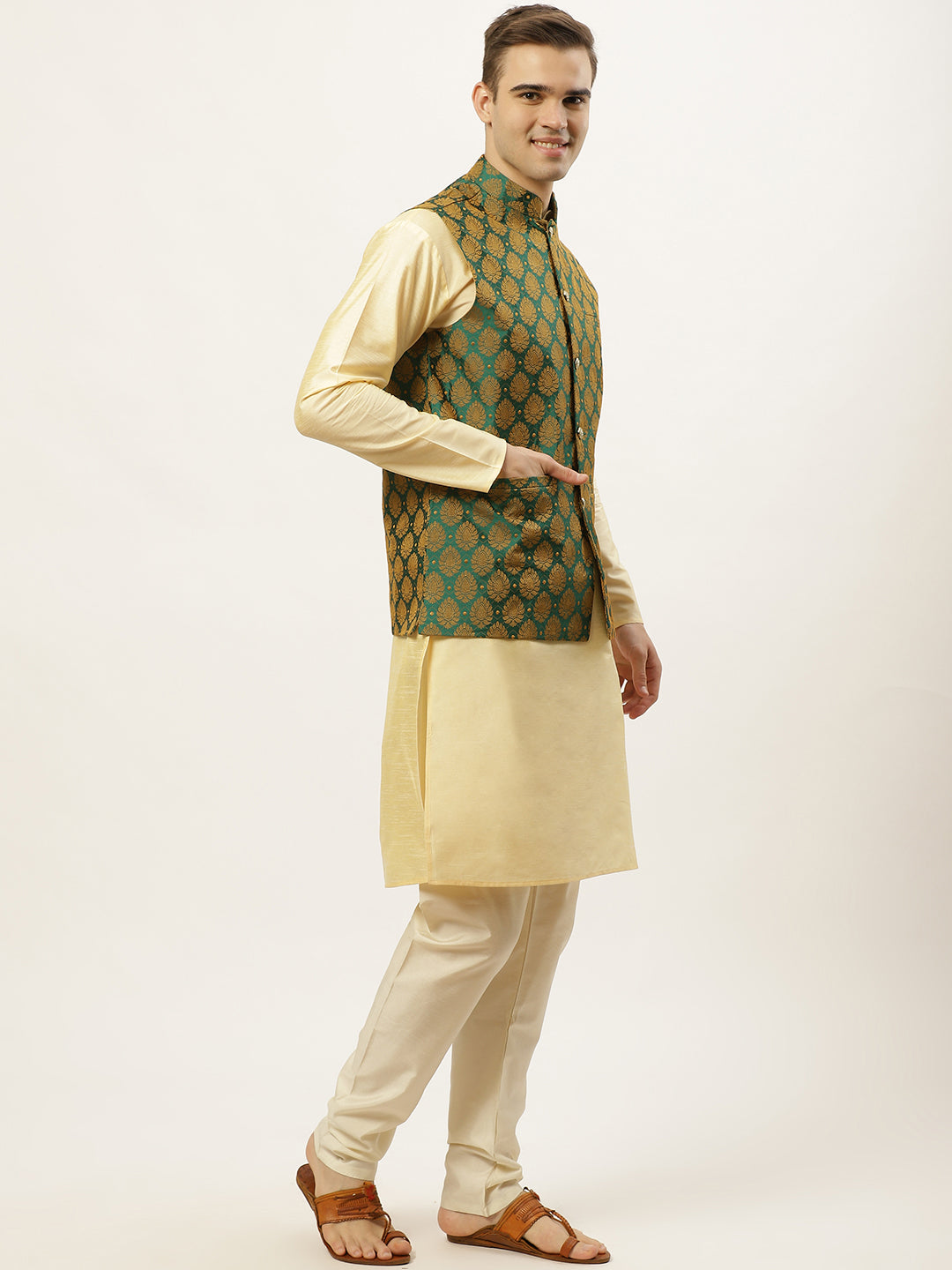 Jompers Men's Woven Design Nehru Jacket and Kurta Pyjama Set - Green
