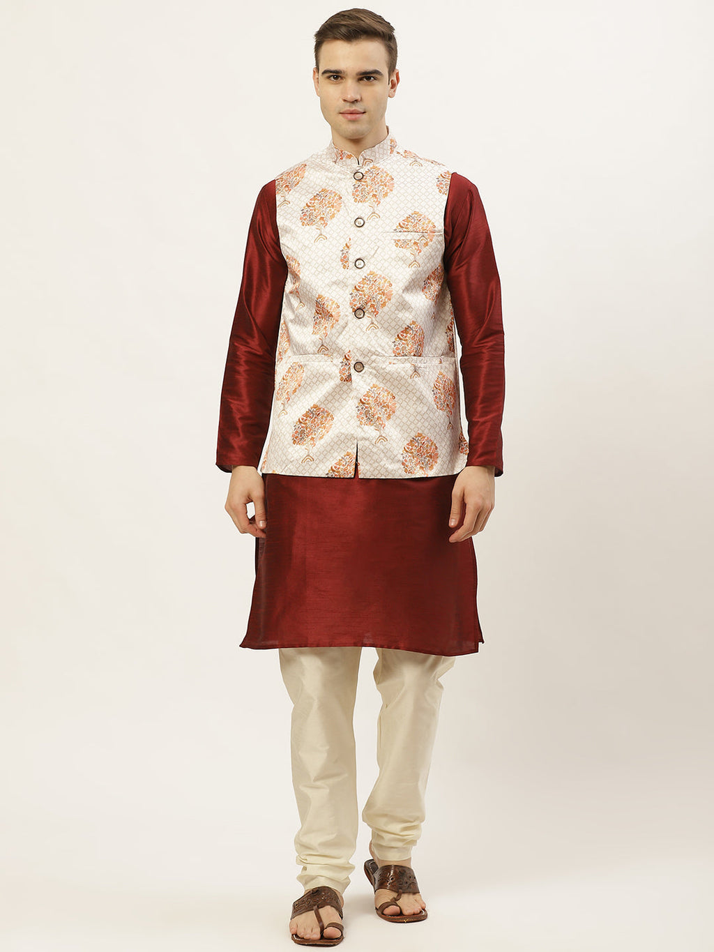 Jompers Men's Solid Dupion Kurta Pajama with Printed Nehru Jacket (White & Maroon)
