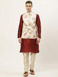 Jompers Men's Solid Dupion Kurta Pajama with Printed Nehru Jacket (White & Maroon)