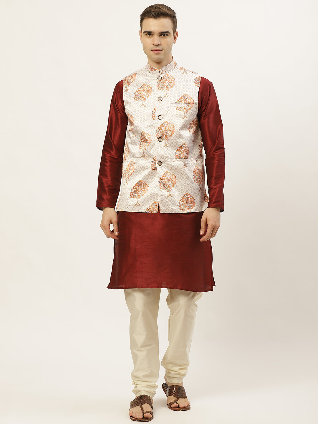 Jompers Men's Solid Dupion Kurta Pajama with Printed Nehru Jacket (White & Maroon)