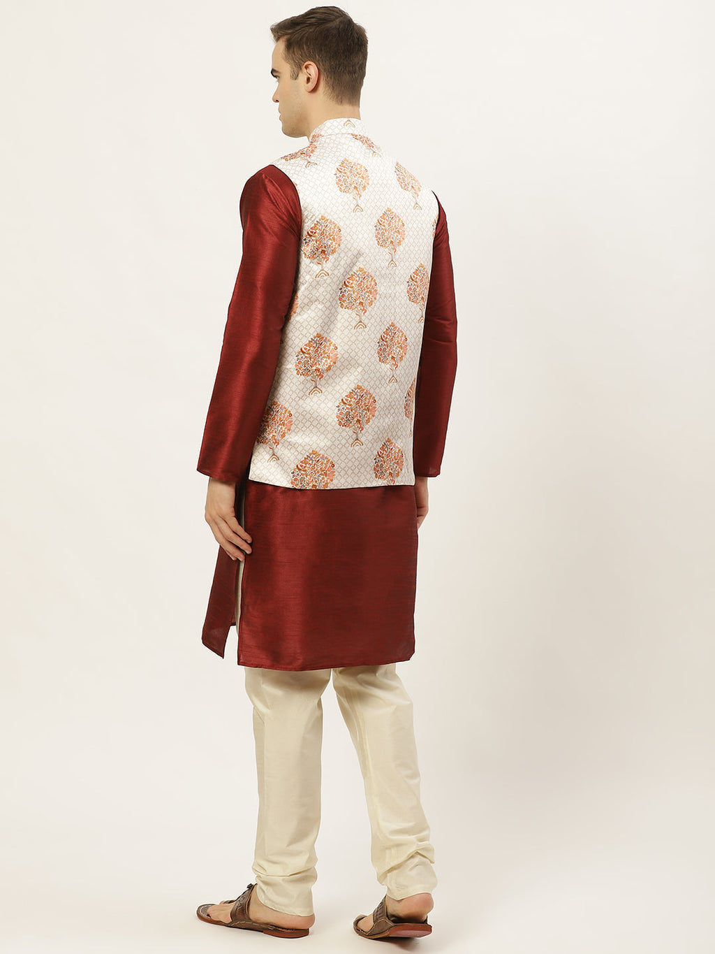 Jompers Men's Solid Dupion Kurta Pajama with Printed Nehru Jacket (White & Maroon)