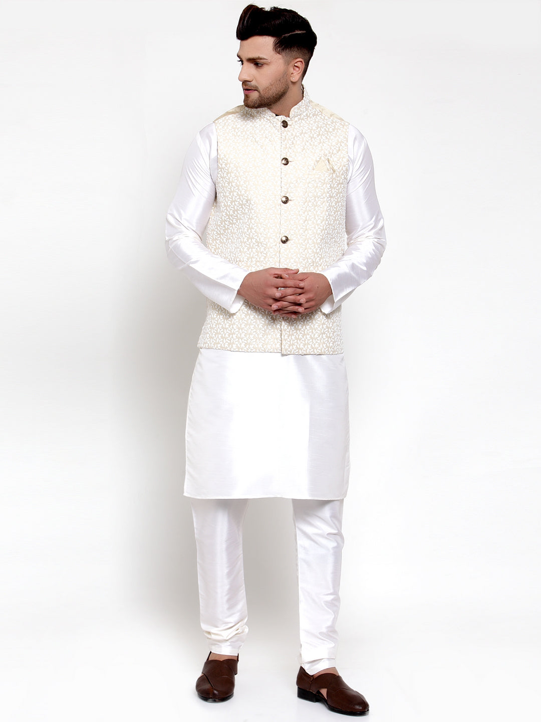 Jompers Men's Solid Dupion Kurta Pajama with Embroidered Nehru Jacket (Beige)