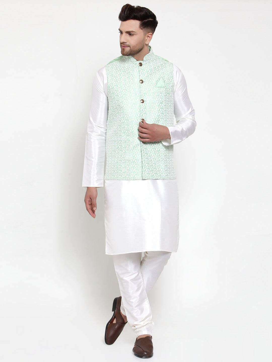 Jompers Men's Solid Dupion Kurta Pajama with Embroidered Light-Green Nehru Jacket