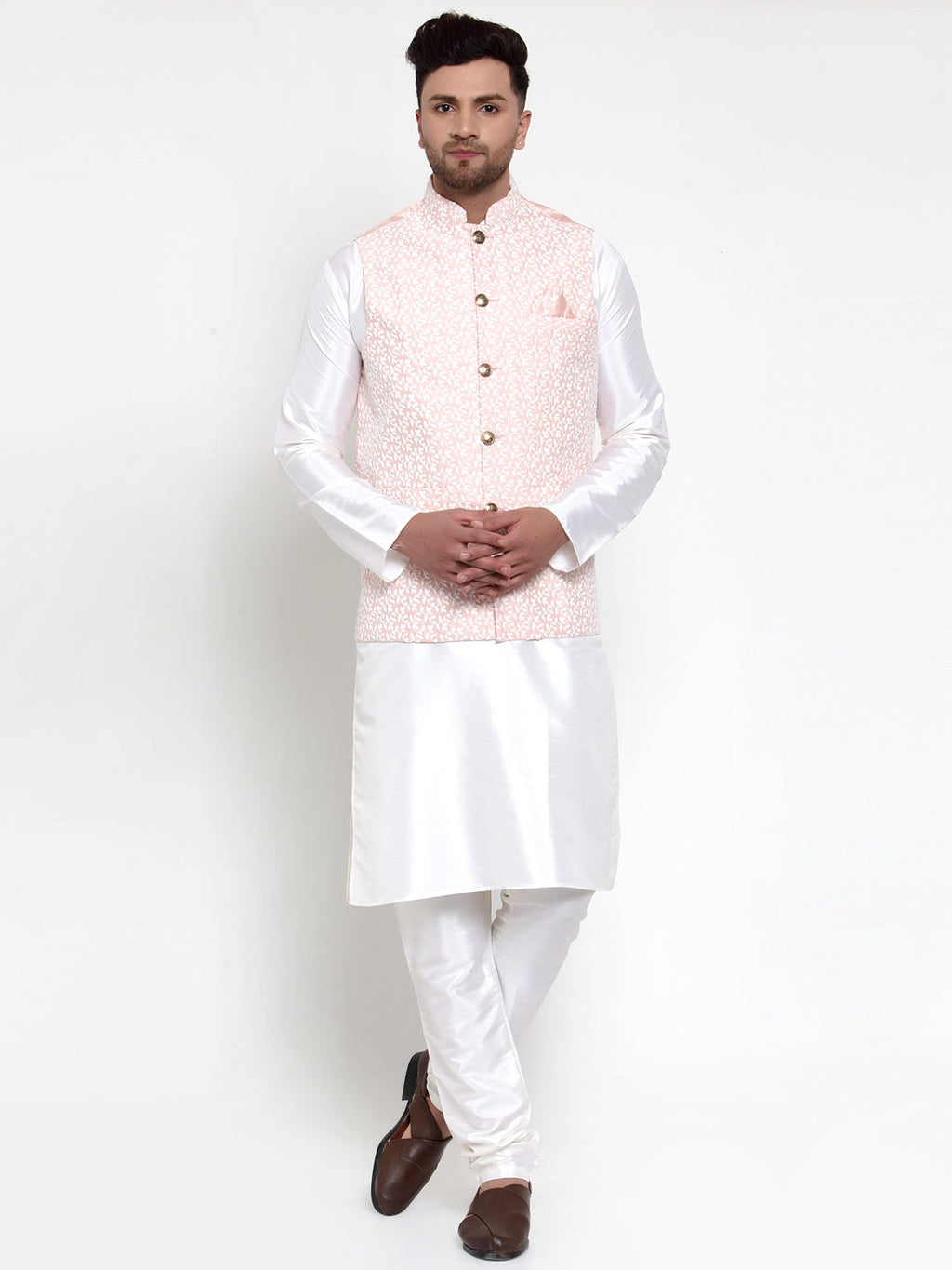Jompers Men's Solid Dupion White Kurta Pajama with Embroidered Nehru Pink Jacket