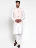 Jompers Men's Solid Dupion White Kurta Pajama with Embroidered Nehru Pink Jacket
