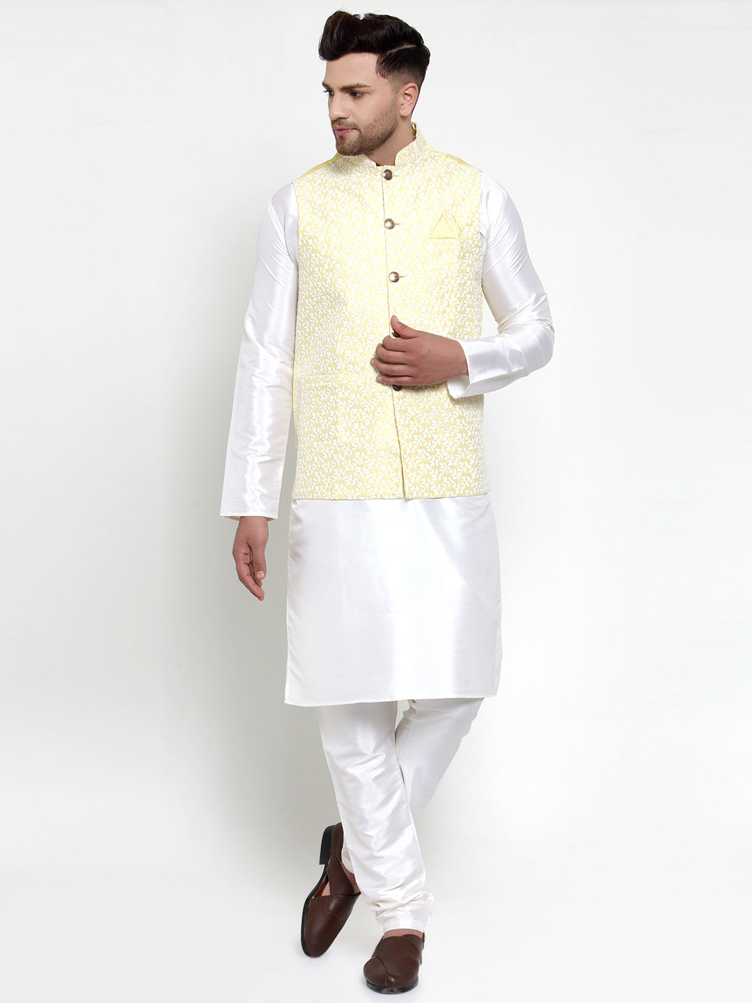 Jompers Men's Solid Dupion Kurta Pajama with Embroidered Nehru Jacket (Yellow)