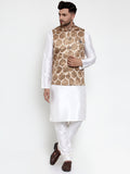 Jompers Men Solid Dupion Kurta Pajama with Printed Nehru Jacket (Brown)