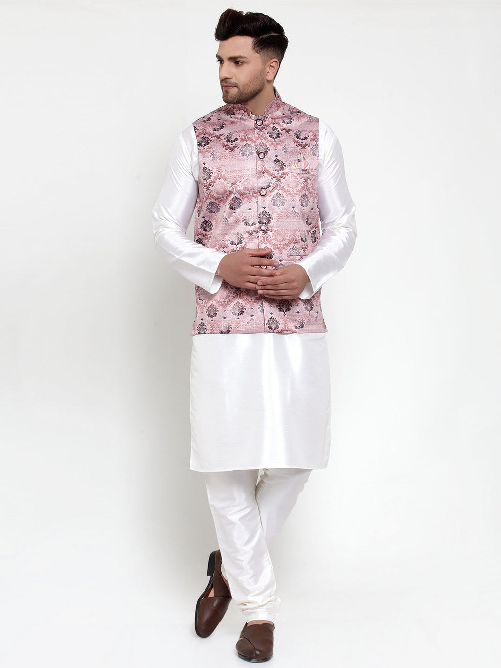 Jompers Men's Solid Dupion Kurta Pajama with Printed Nehru Pink Jacket
