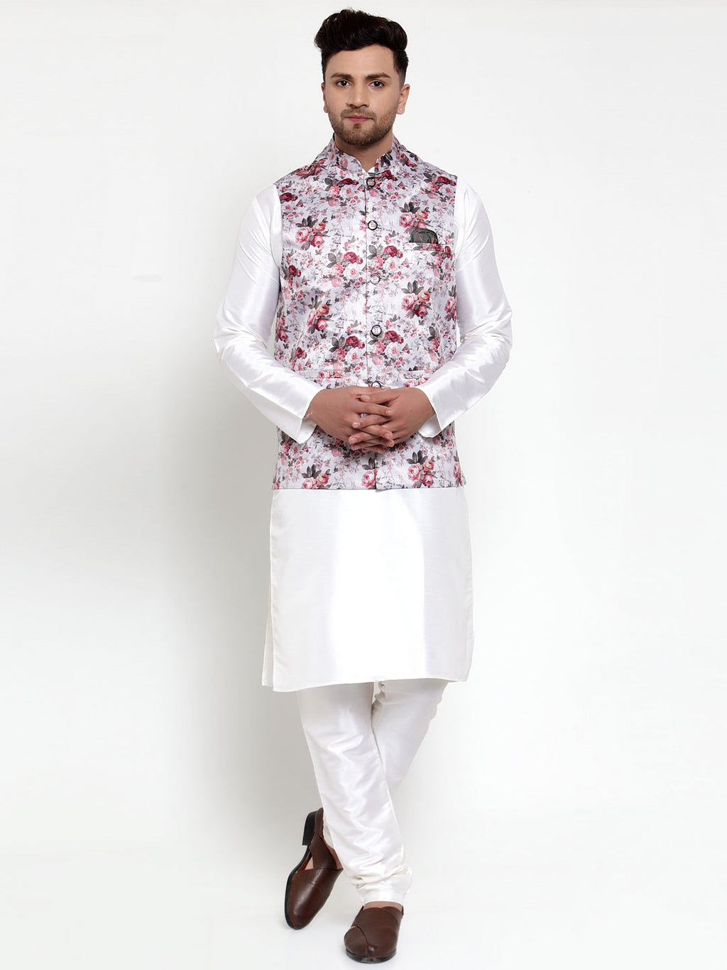 Jompers Men's Solid Dupion Kurta Pajama with Printed Nehru Jacket (Silver)