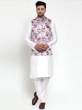 Jompers Men's Solid Dupion Kurta Pajama with Printed Nehru Jacket (Silver)