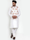 Jompers Men's Solid Dupion Kurta Pajama with Printed Nehru Jacket (White)