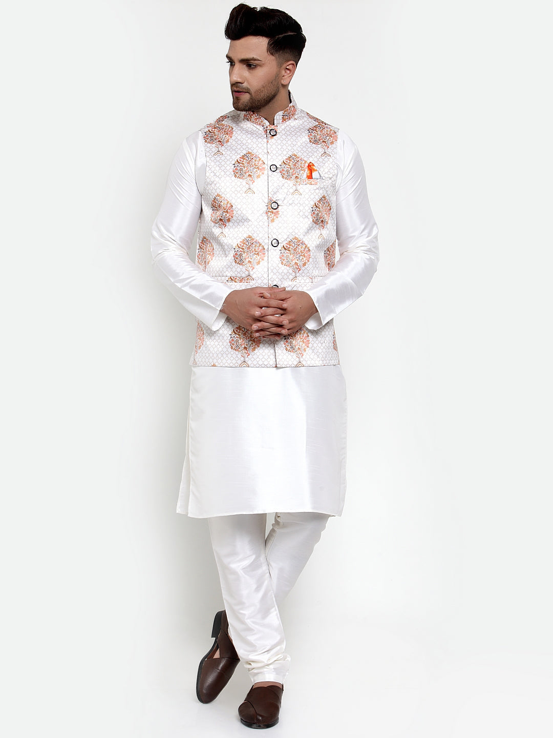 Jompers Men's Solid Dupion Kurta Pajama with Printed Nehru Jacket (White)