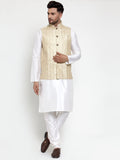 Jompers Men's Solid Dupion Kurta Pajama with Embroidered Nehru Jacket (Cream)