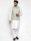 Jompers Men's Solid Dupion Kurta Pajama with Embroidered Nehru Jacket Sky