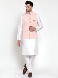 Jompers Men Solid Dupion Kurta Pajama with Woven Nehru Jacket (Peach)