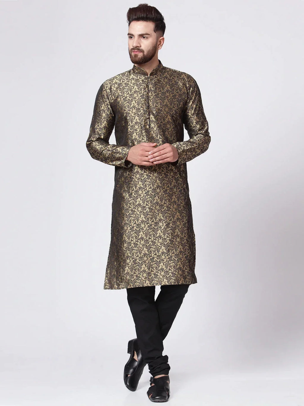Jompers Men's Golden & Black Self Design Kurta with Churidar
