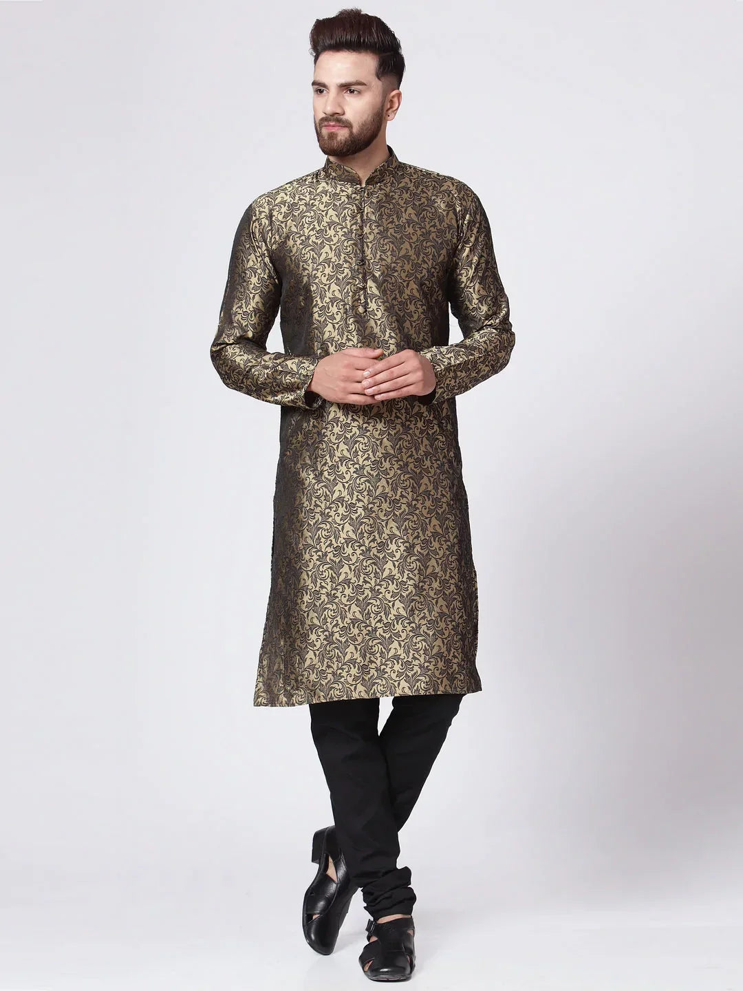 Jompers Men's Golden & Black Self Design Kurta with Churidar