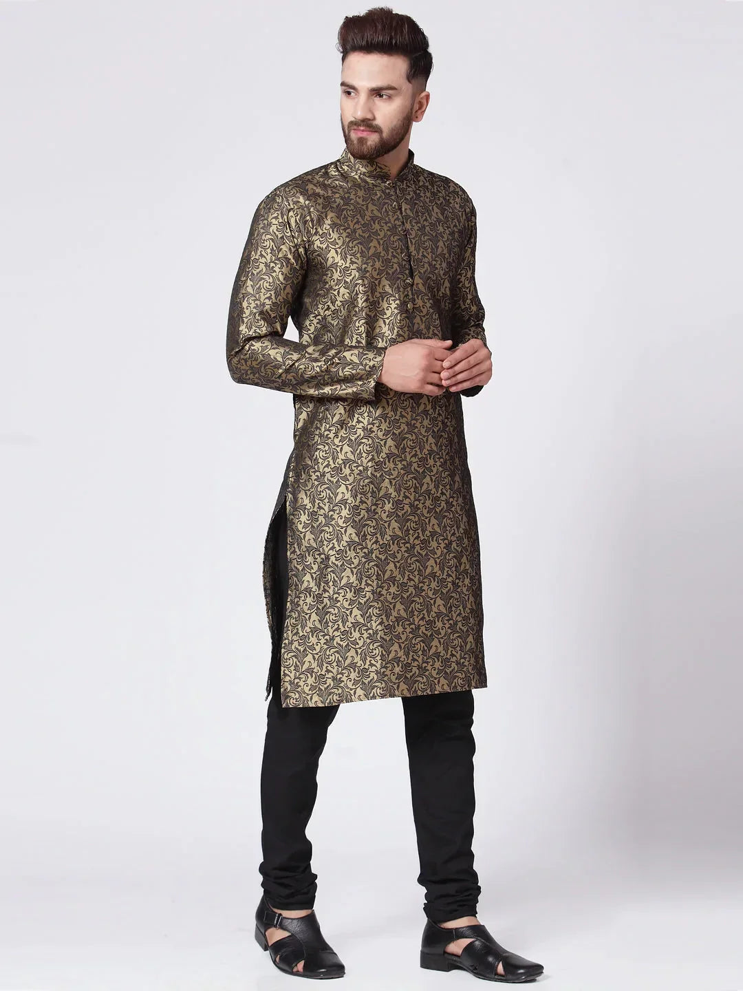 Jompers Men's Golden & Black Self Design Kurta with Churidar