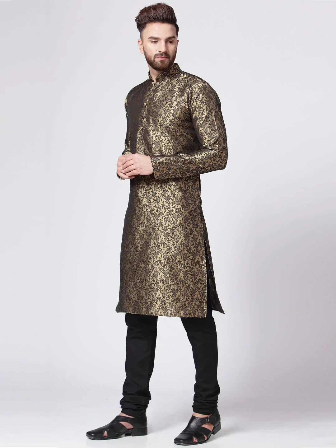 Jompers Men's Golden & Black Self Design Kurta with Churidar