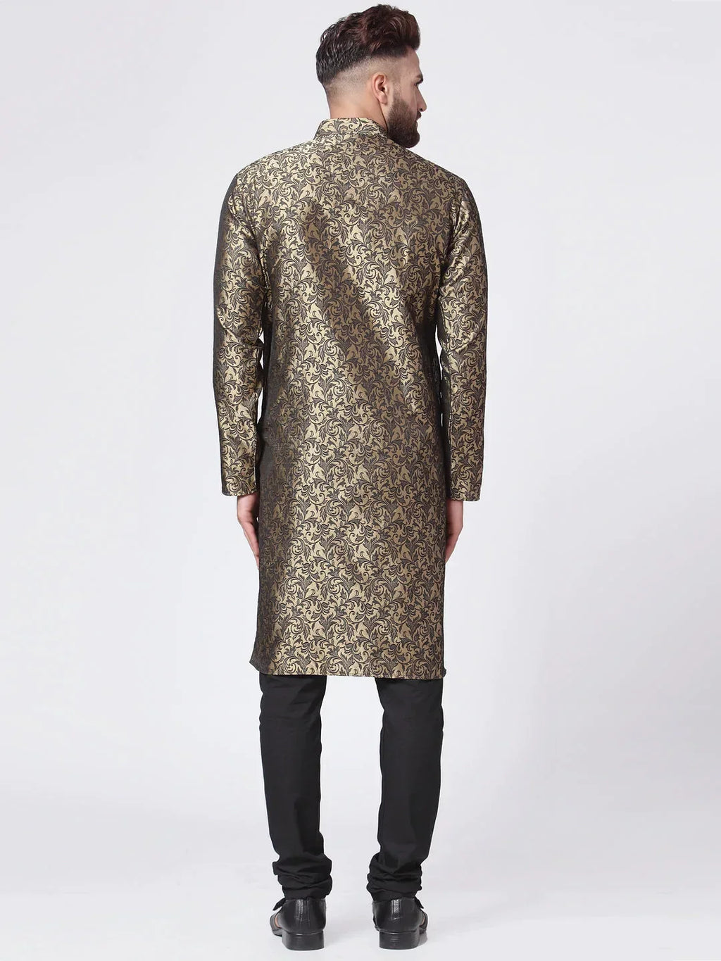 Jompers Men's Golden & Black Self Design Kurta with Churidar