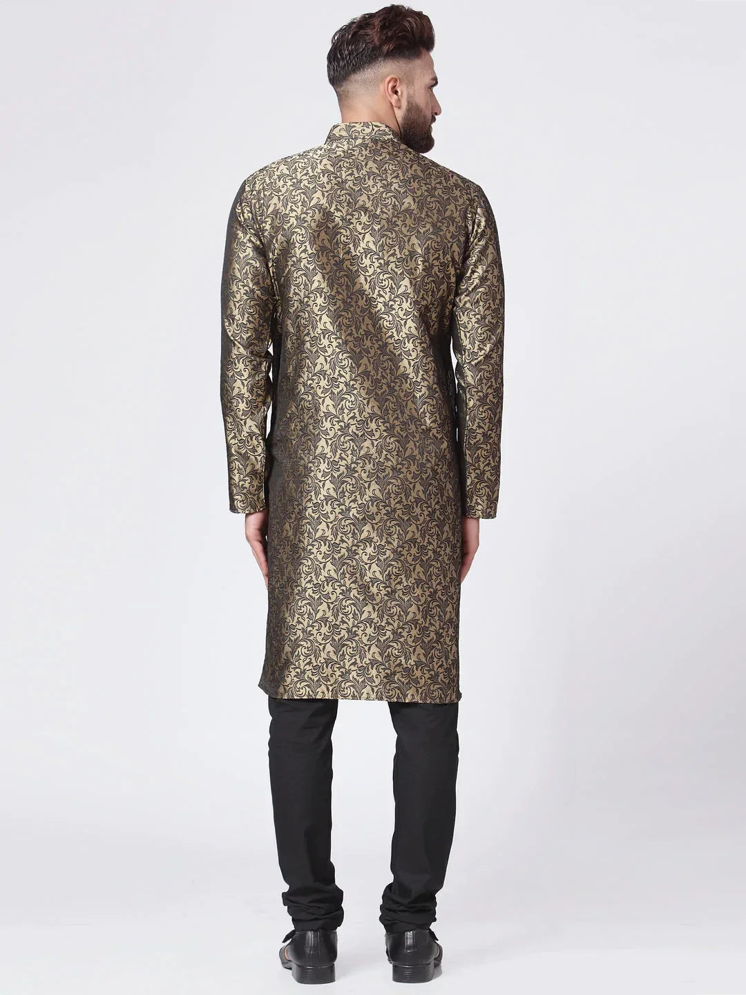 Jompers Men's Golden & Black Self Design Kurta with Churidar