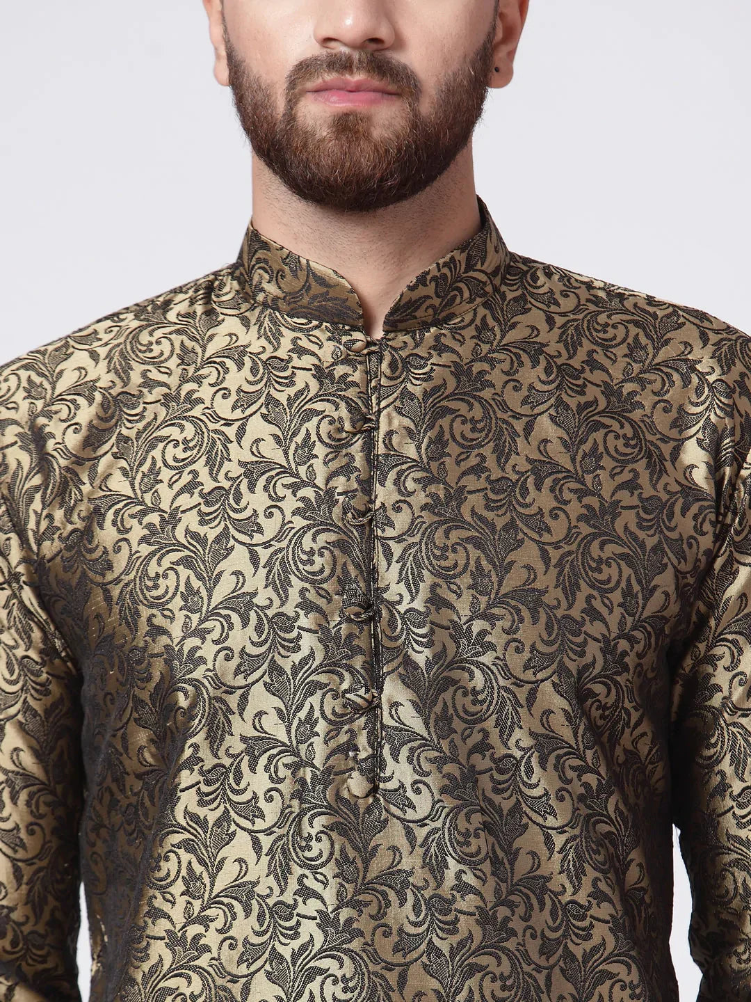 Jompers Men's Golden & Black Self Design Kurta with Churidar