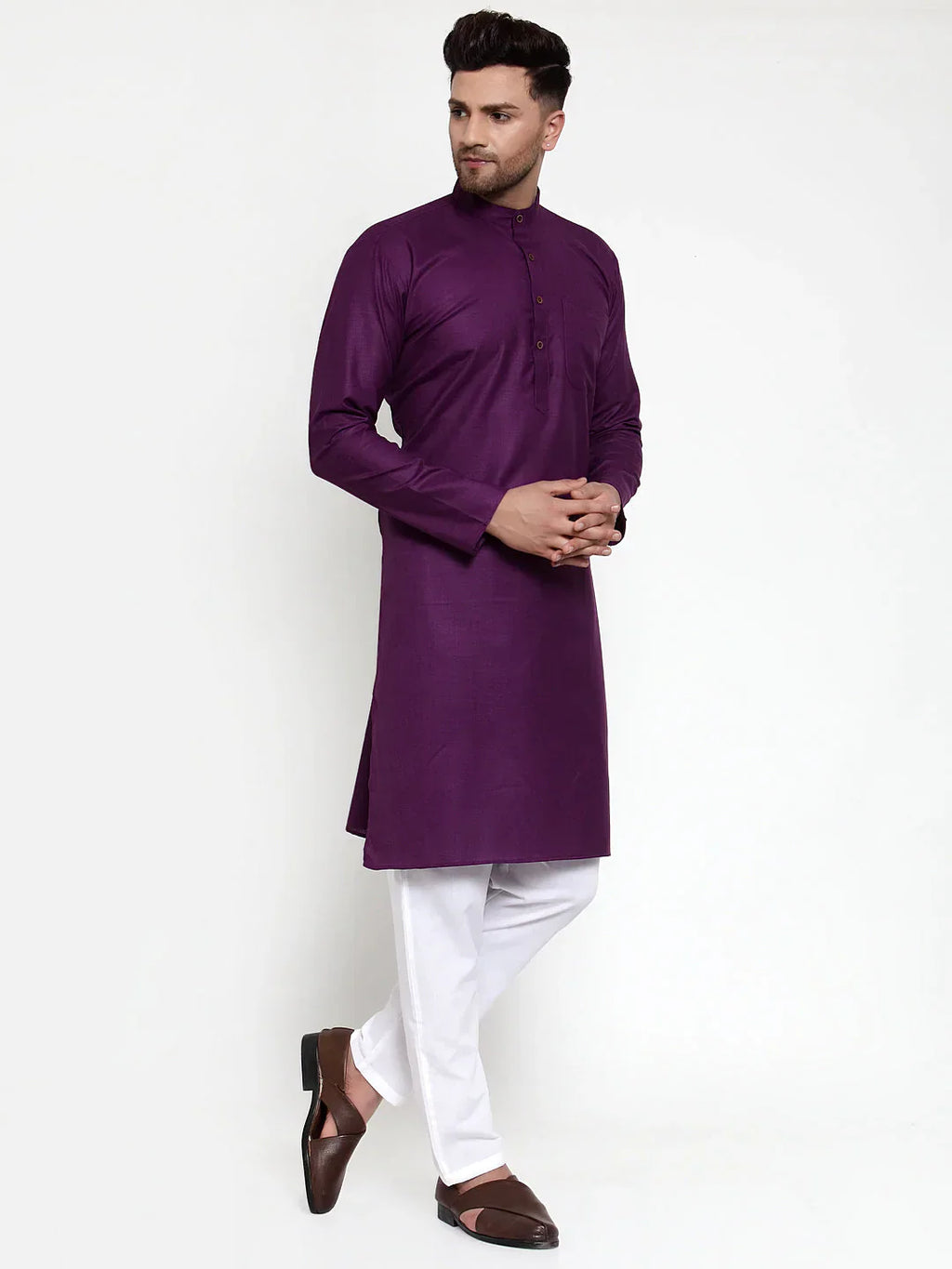 Jompers Men's Purple & White Solid Kurta with Churidar