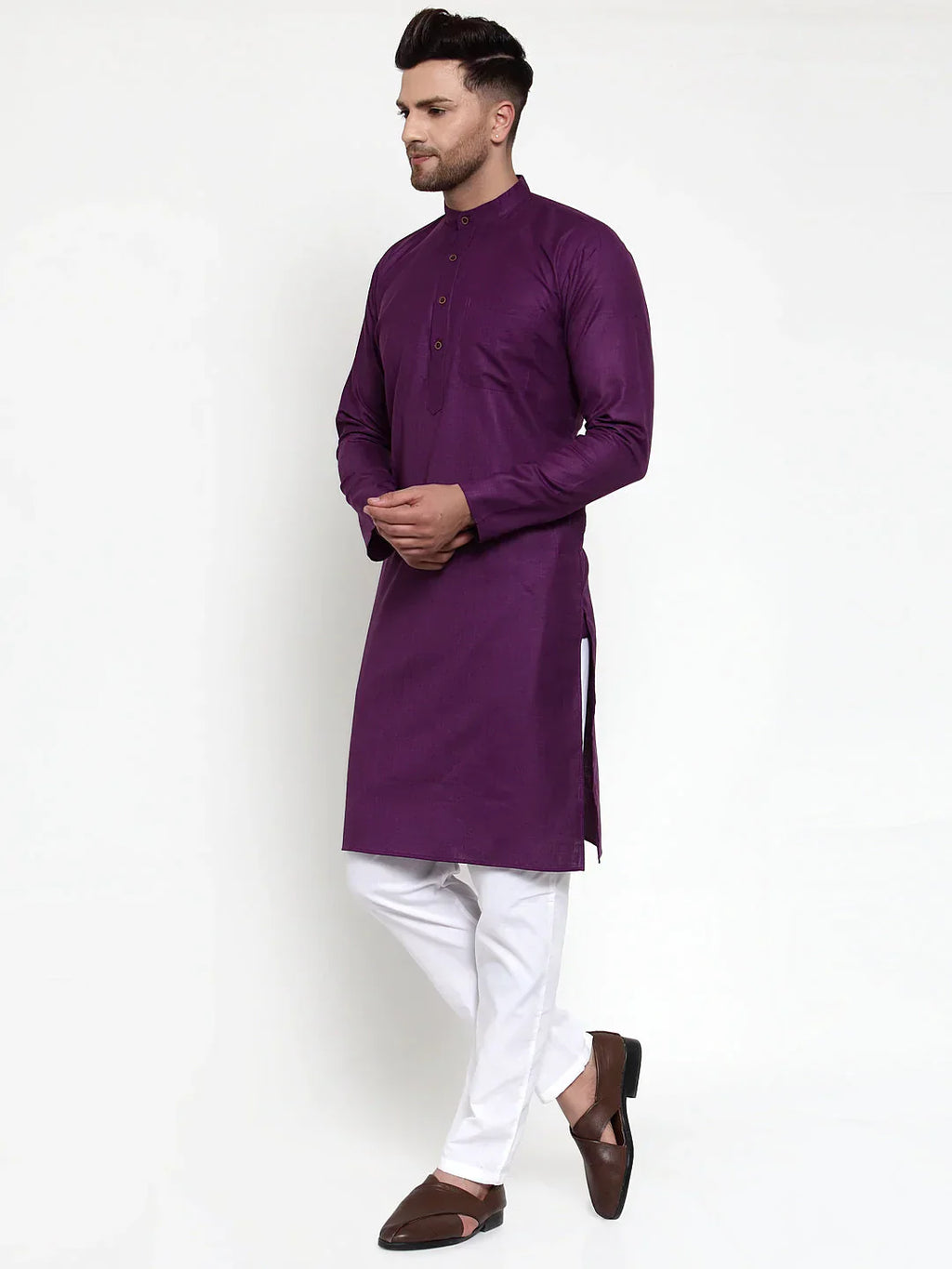 Jompers Men's Purple & White Solid Kurta with Churidar