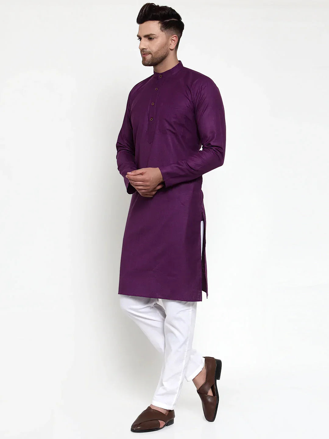 Jompers Men's Purple & White Solid Kurta with Churidar