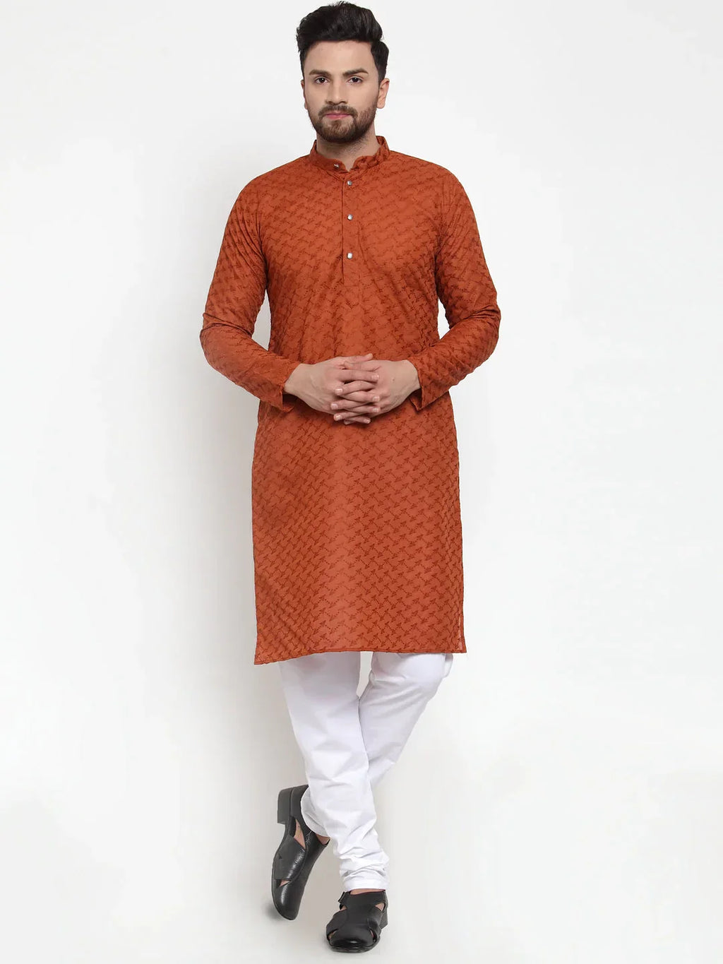 Jompers Men's Brown Chikan Kurta with Churidar