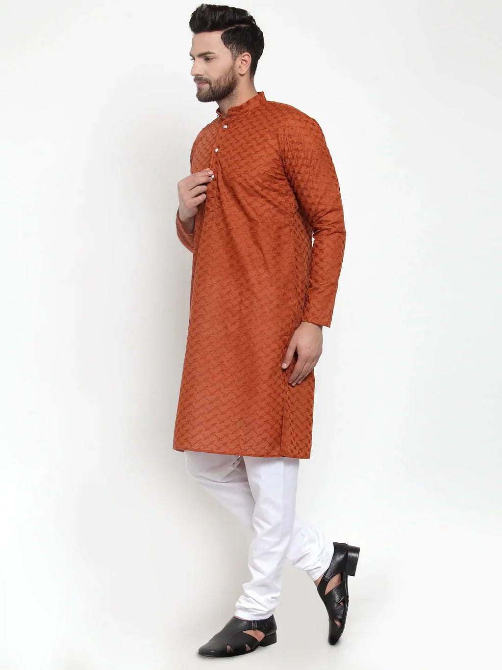 Jompers Men's Brown Chikan Kurta with Churidar