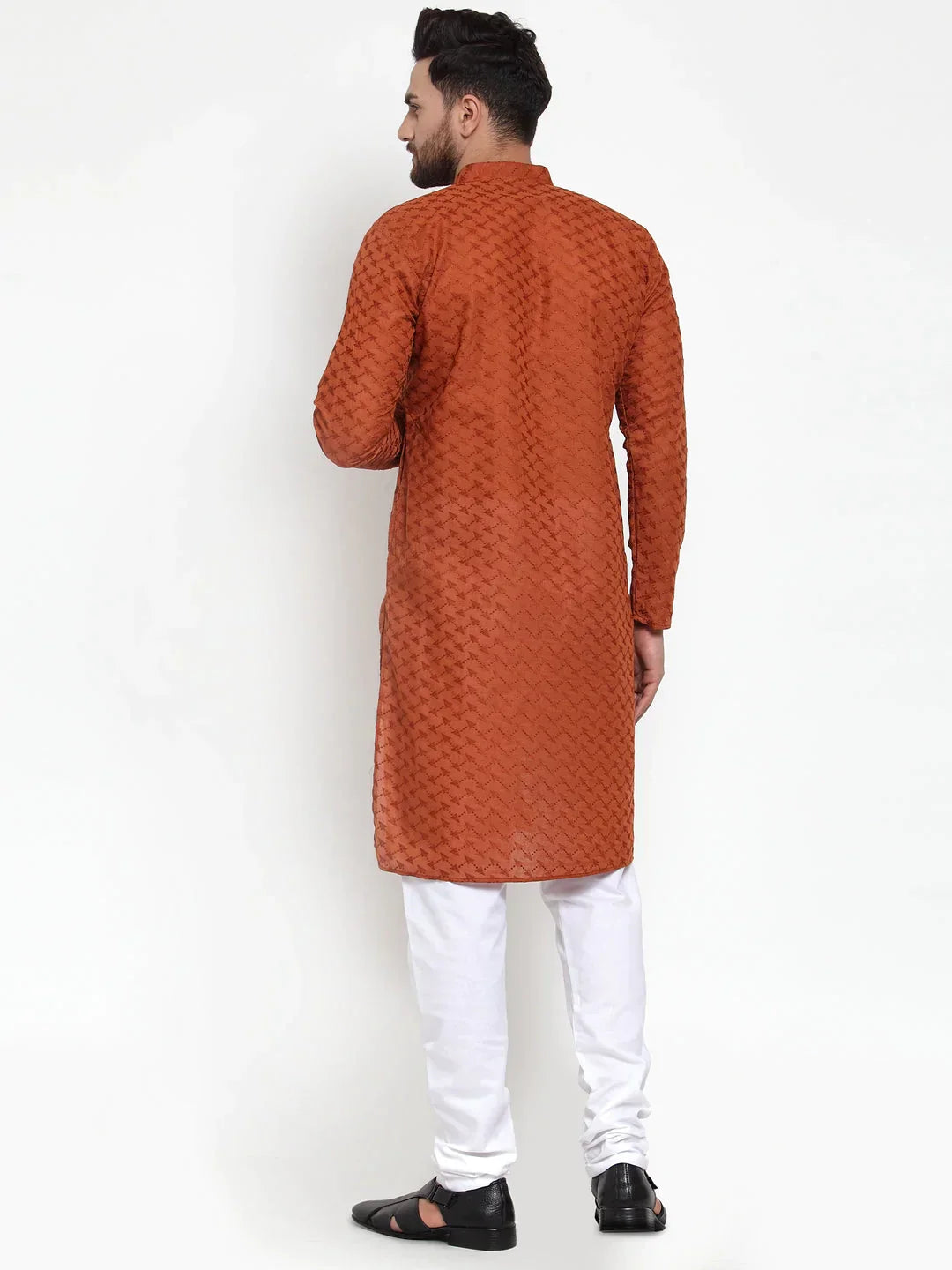 Jompers Men's Brown Chikan Kurta with Churidar