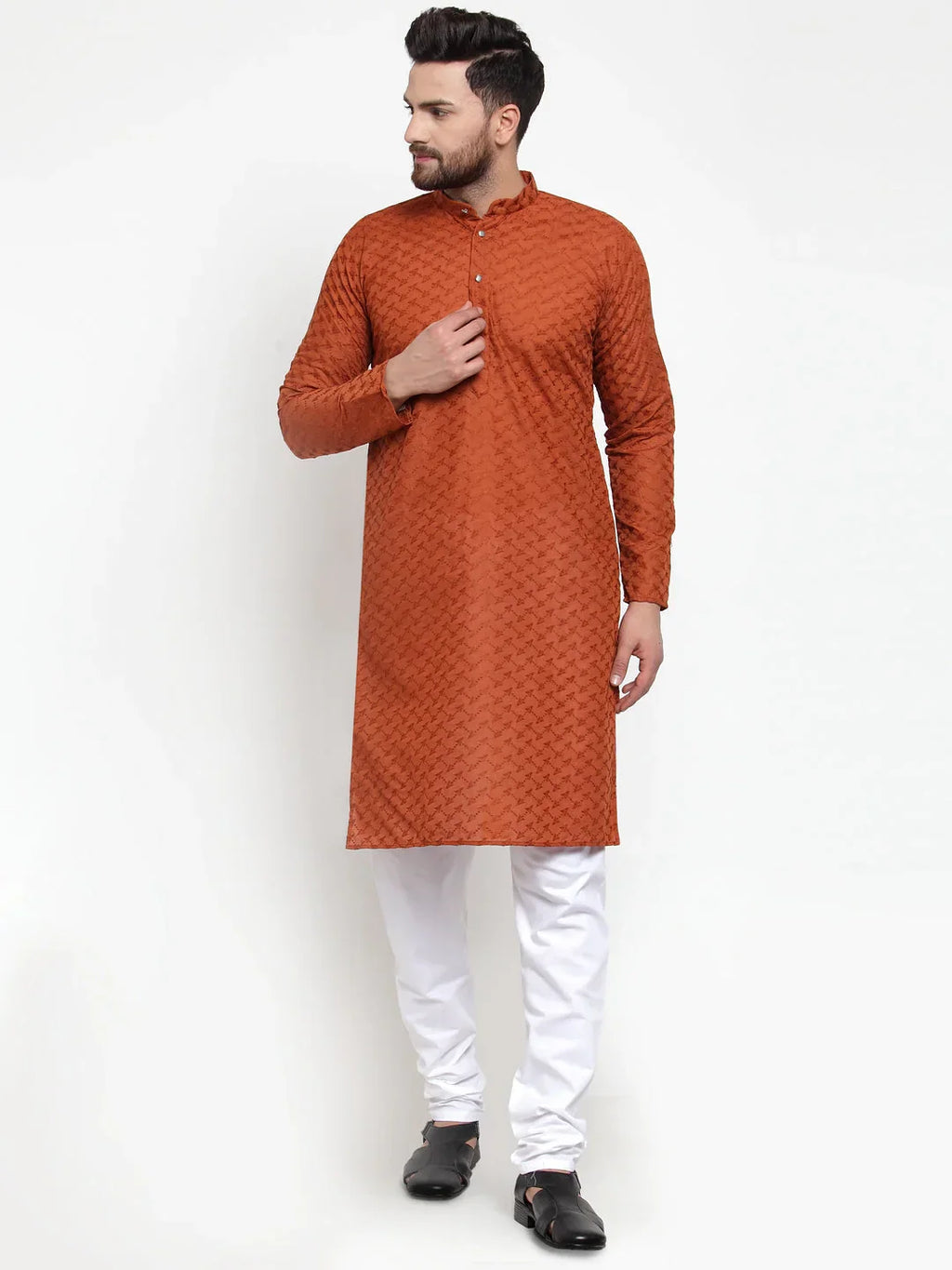 Jompers Men's Brown Chikan Kurta with Churidar