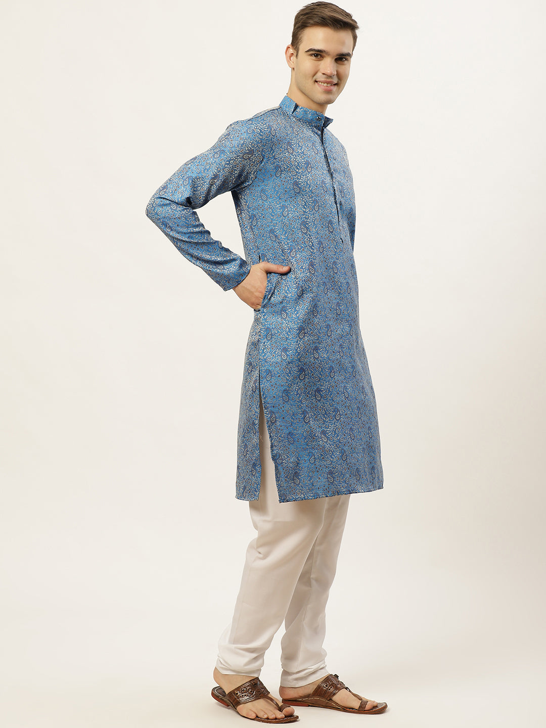 Jompers Men's Blue Printed Jacquard Kurta Only