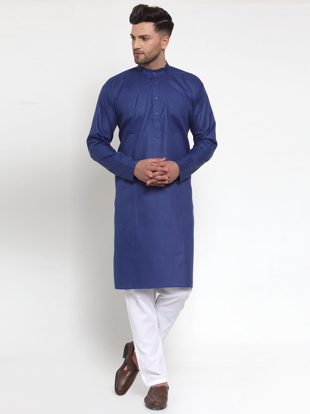 Jompers Men Royal-Blue & White Solid Kurta with Churidar