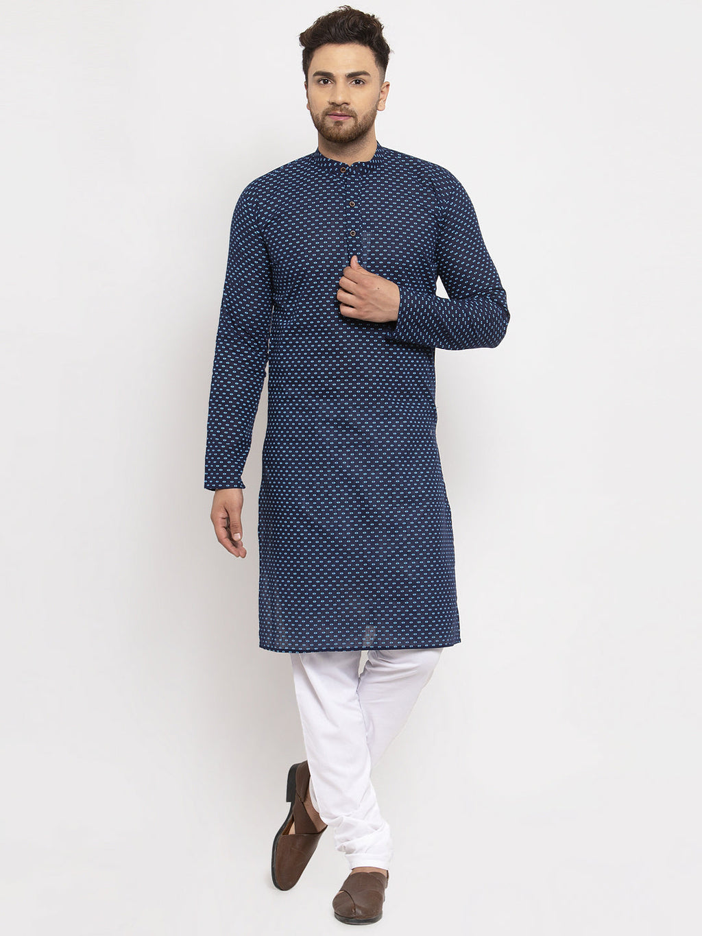 Jompers Men Blue Cotton Printed Kurta with Pyjamas