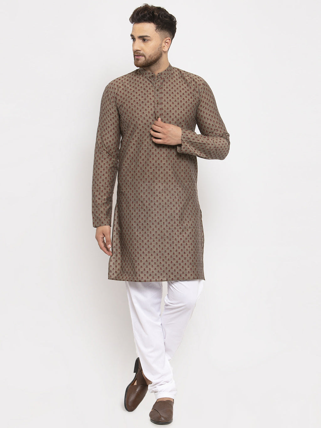 Jompers Men Grey Cotton Printed Kurta with Pyjamas