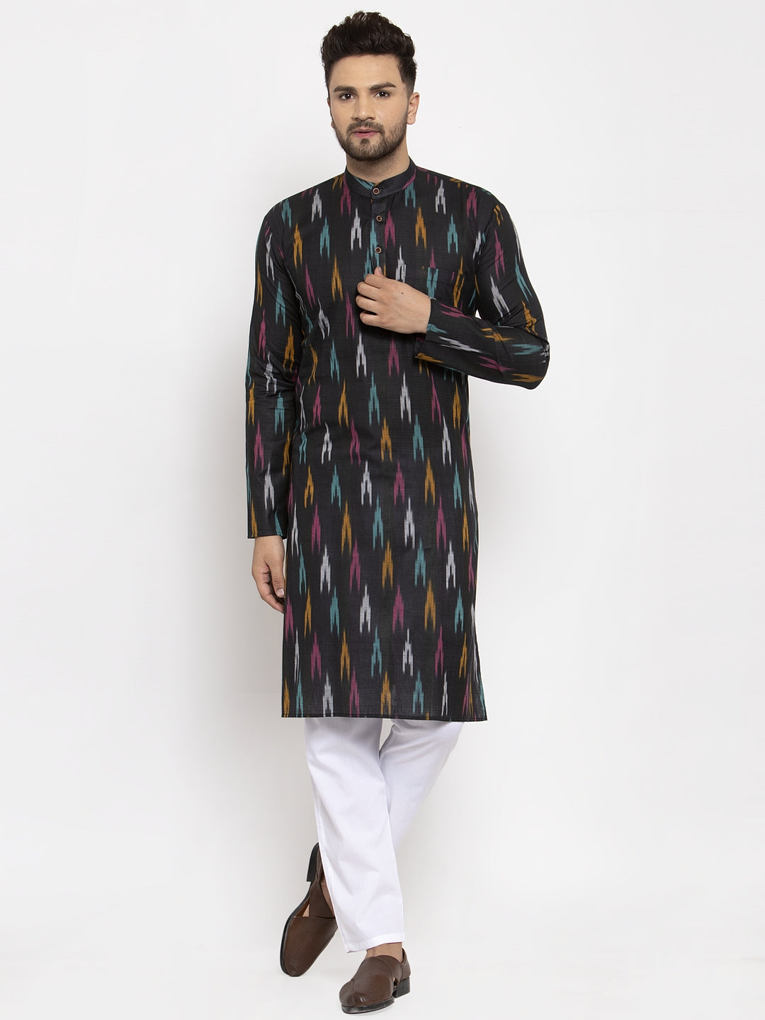 Jompers Men Black Woven Design Ikkat Straight Kurta with Churidar