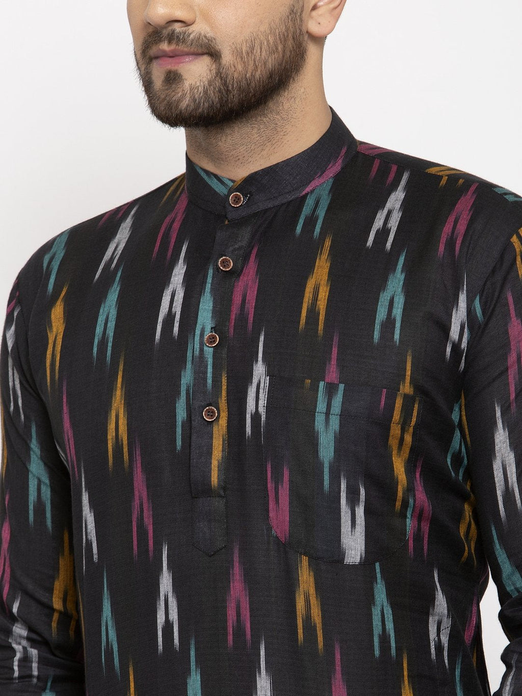 Jompers Men Black Woven Design Ikkat Straight Kurta Only