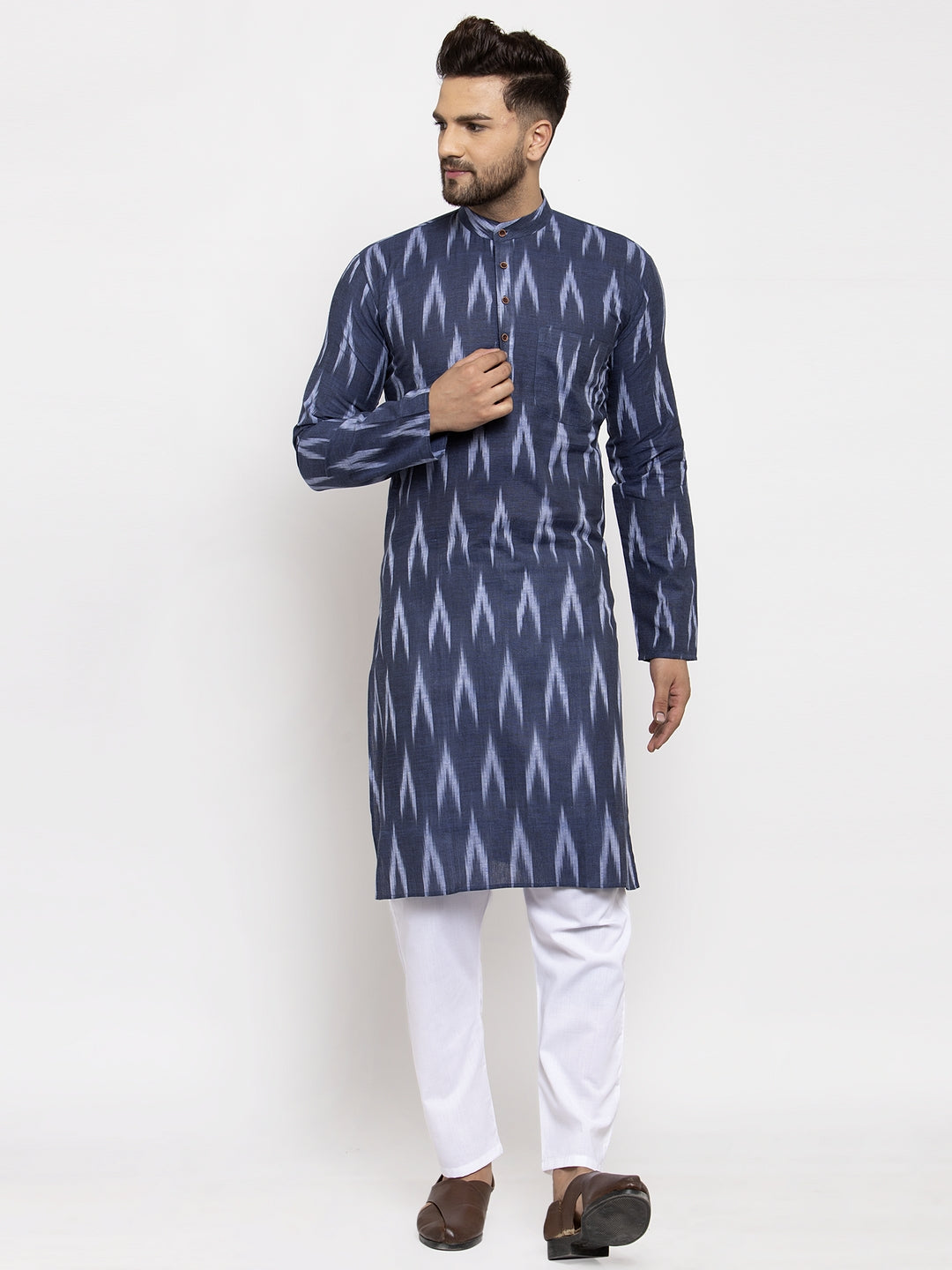 Jompers Men Blue Woven Design Ikkat Straight Kurta with Churidar