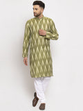 Jompers Men Green Woven Design Ikkat Straight Kurta with Churidar