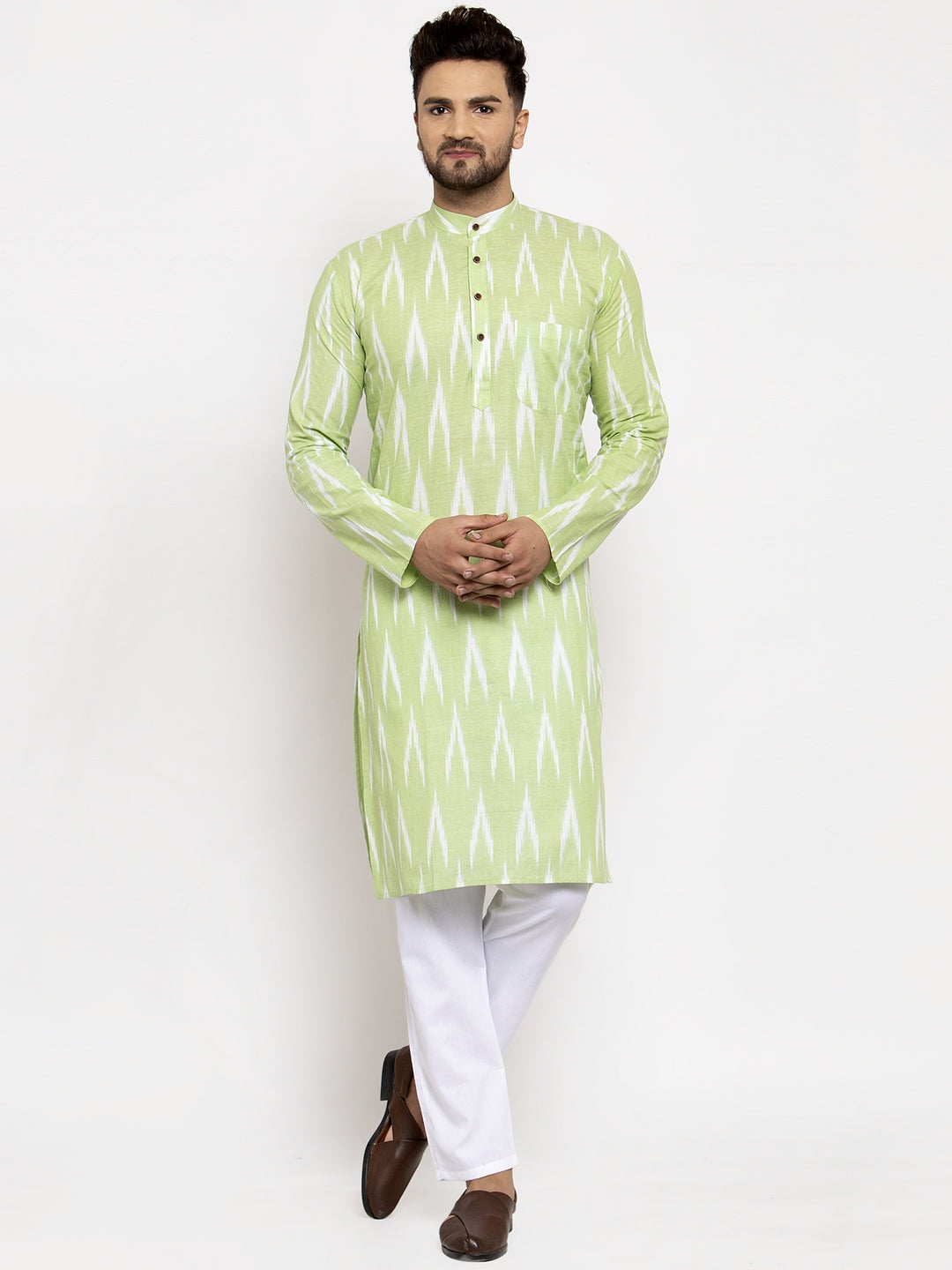Jompers Men Lime Green Woven Design Ikkat Straight Kurta with Churidar