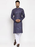Jompers Men Navy Blue Woven Design Ikkat Straight Kurta with Churidar