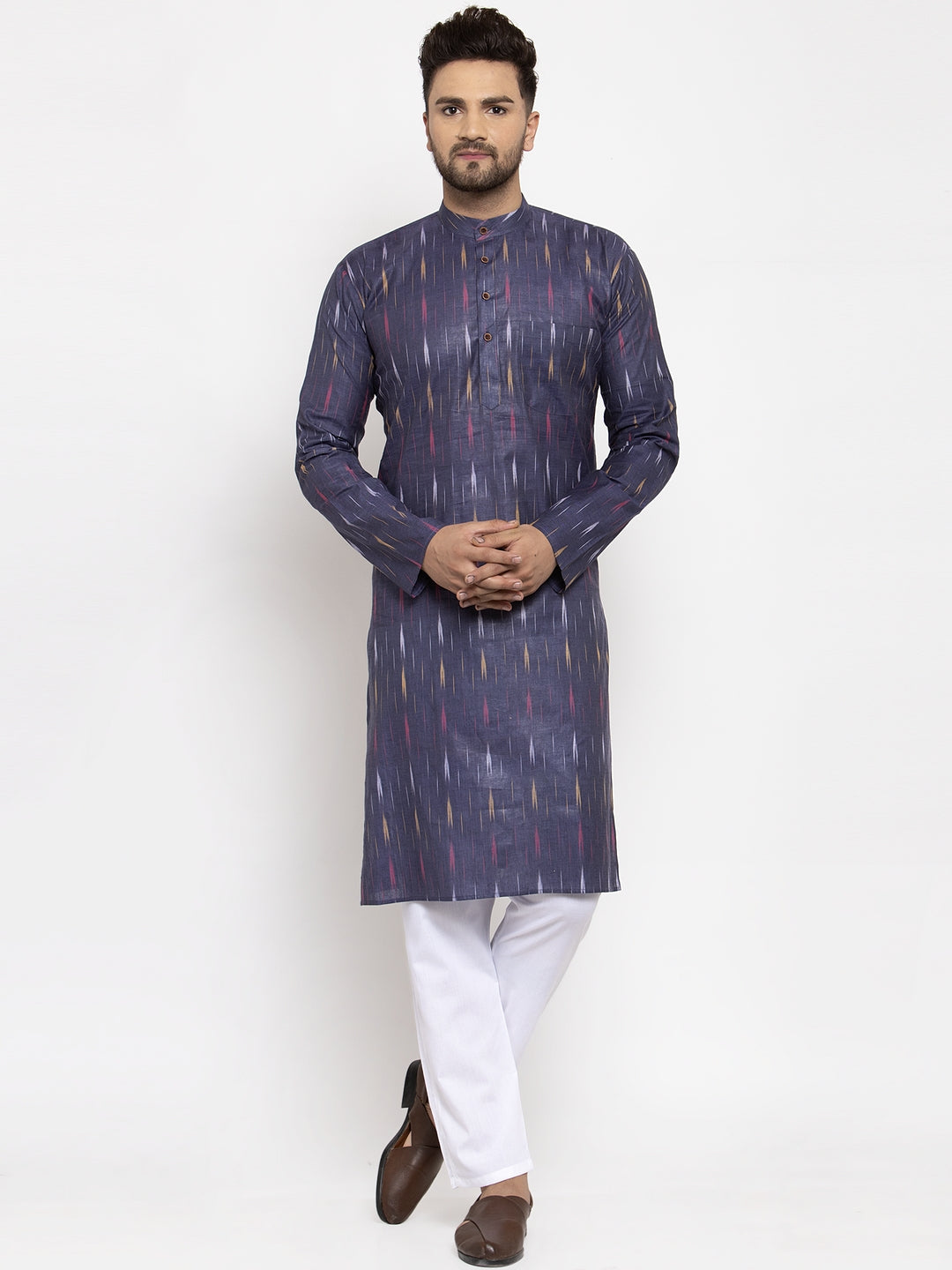 Jompers Men Navy Blue Woven Design Ikkat Straight Kurta with Churidar