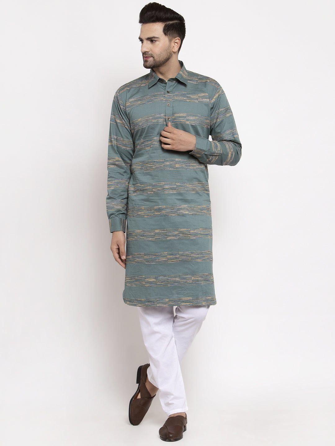 Jompers Men Green And White Woven Design Kurta with Pyjamas