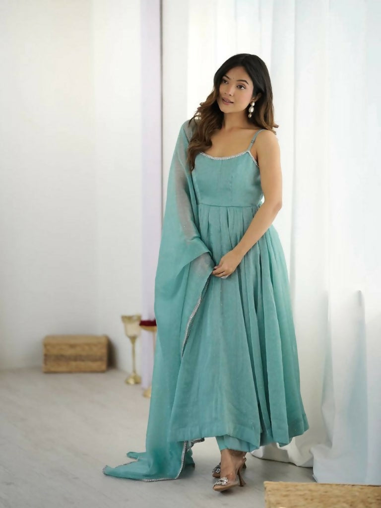 Teeya Creation Sky Color Crunchy Silk Serosky Work Party Wear Gown