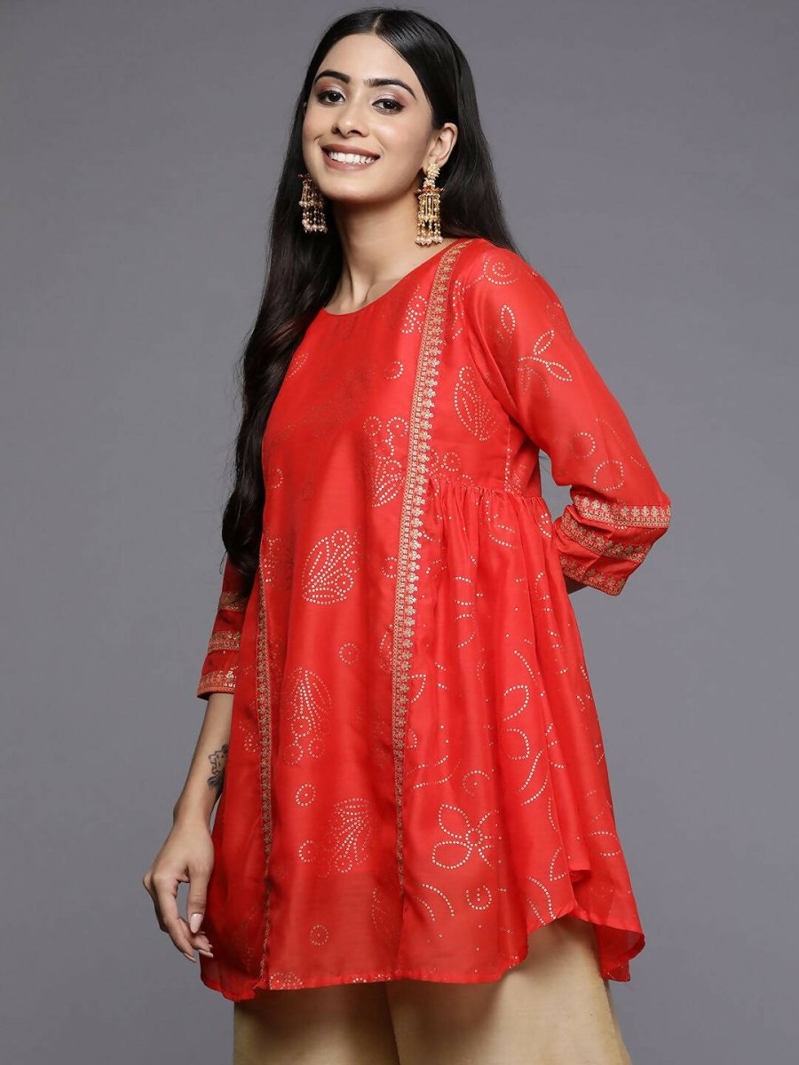 Ahalyaa Womens Red Colour Chanderi Printed Tunic