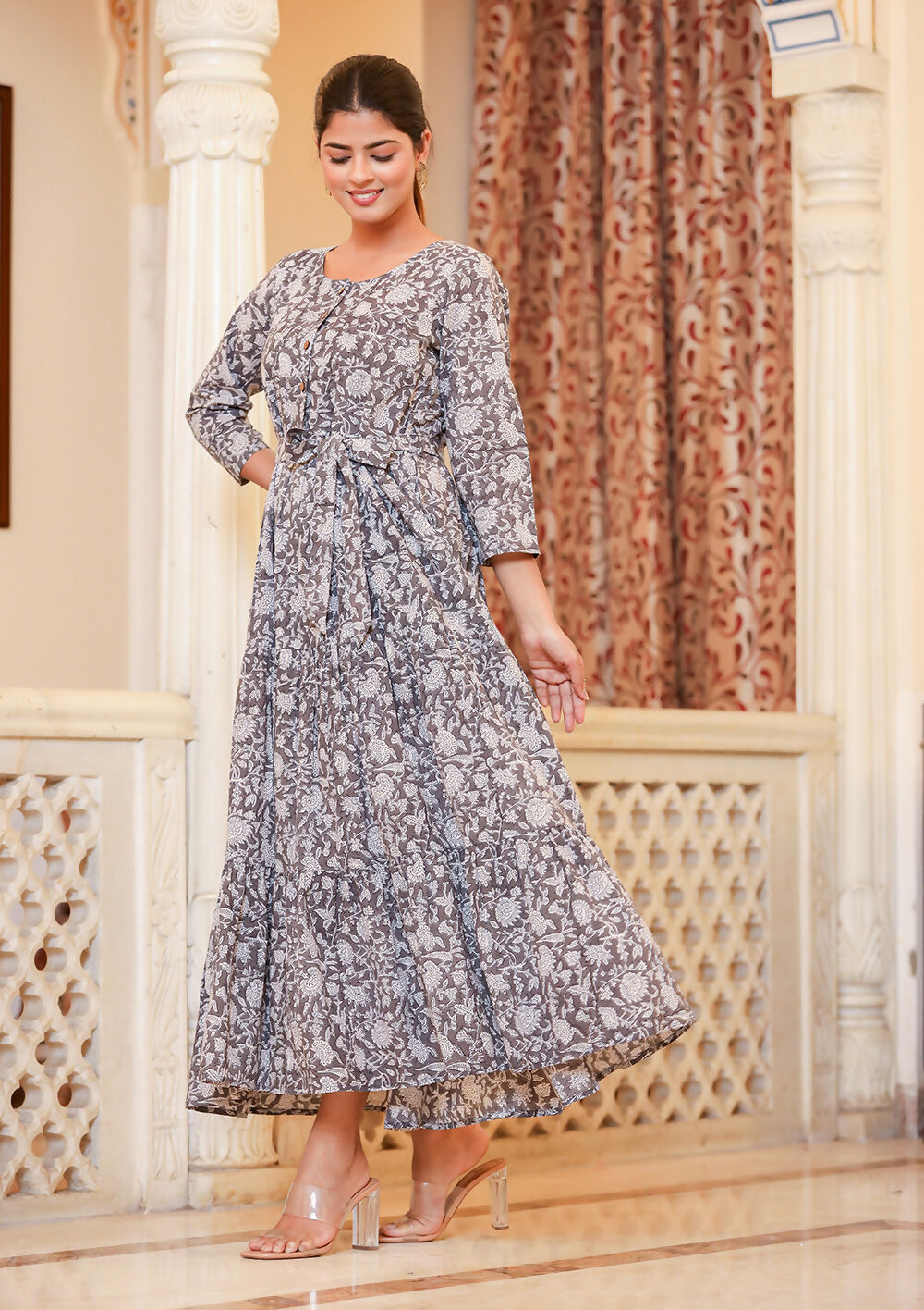 Kaajh Women's Grey Ethnic Floral Hand Block Print Cotton Dress